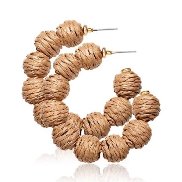 Raffia Wrapped Ball Hoop Earrings - Picture 1 of 1